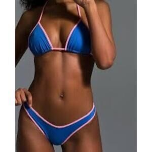 Frankies Bikinis Nick Top & Dove Bottom Set Taffy Blue Pink Trim S NEW/NWT!!